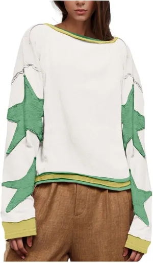 Oversized Star Graphic Sweatshirts for Women Crewneck Long Sleeve Casual Sweater Pullover Tops Drop Shoulder Shirt