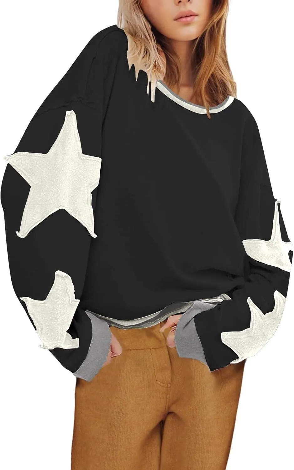 Oversized Star Graphic Sweatshirts for Women Crewneck Long Sleeve Casual Sweater Pullover Tops Drop Shoulder Shirt