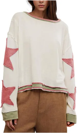 Oversized Star Graphic Sweatshirts for Women Crewneck Long Sleeve Casual Sweater Pullover Tops Drop Shoulder Shirt