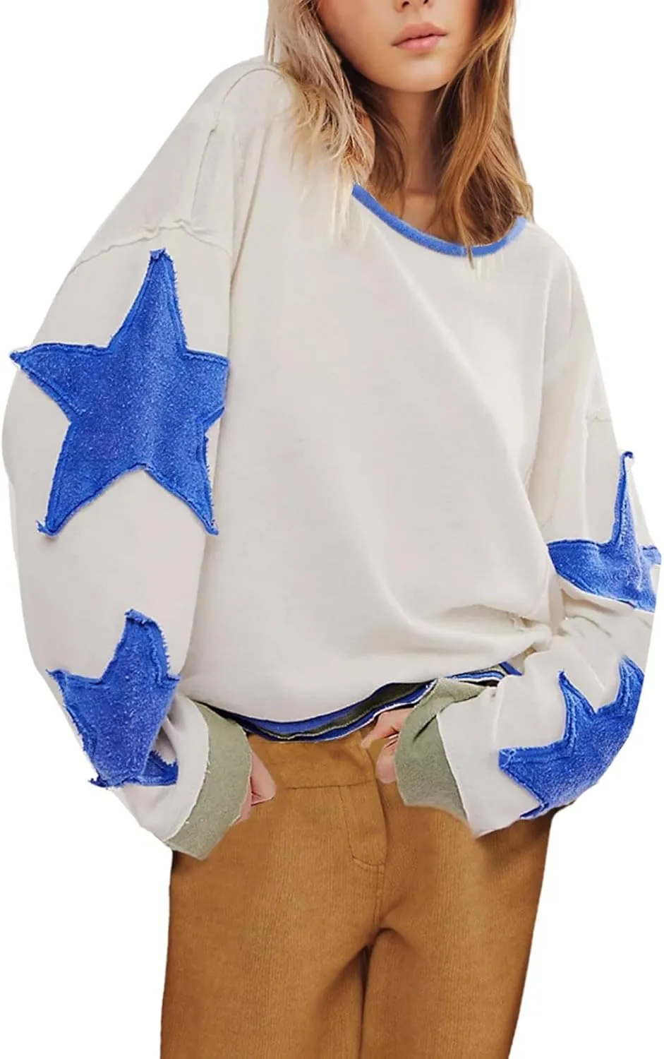 Oversized Star Graphic Sweatshirts for Women Crewneck Long Sleeve Casual Sweater Pullover Tops Drop Shoulder Shirt