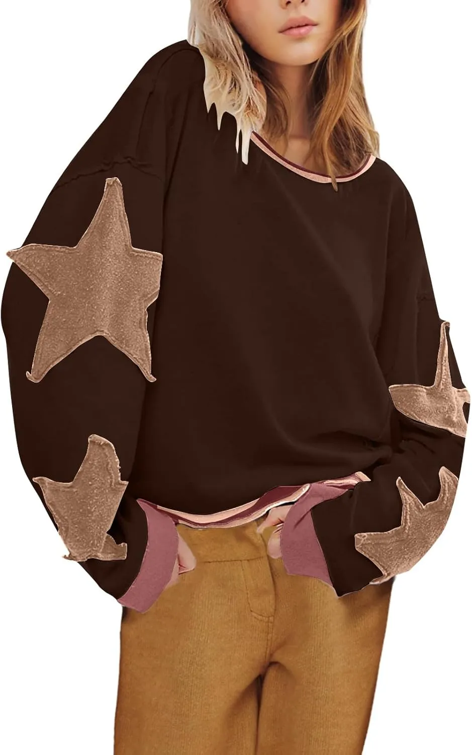 Oversized Star Graphic Sweatshirts for Women Crewneck Long Sleeve Casual Sweater Pullover Tops Drop Shoulder Shirt
