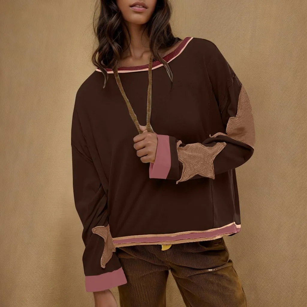 Oversized Star Graphic Sweatshirts for Women Crewneck Long Sleeve Casual Sweater Pullover Tops Drop Shoulder Shirt