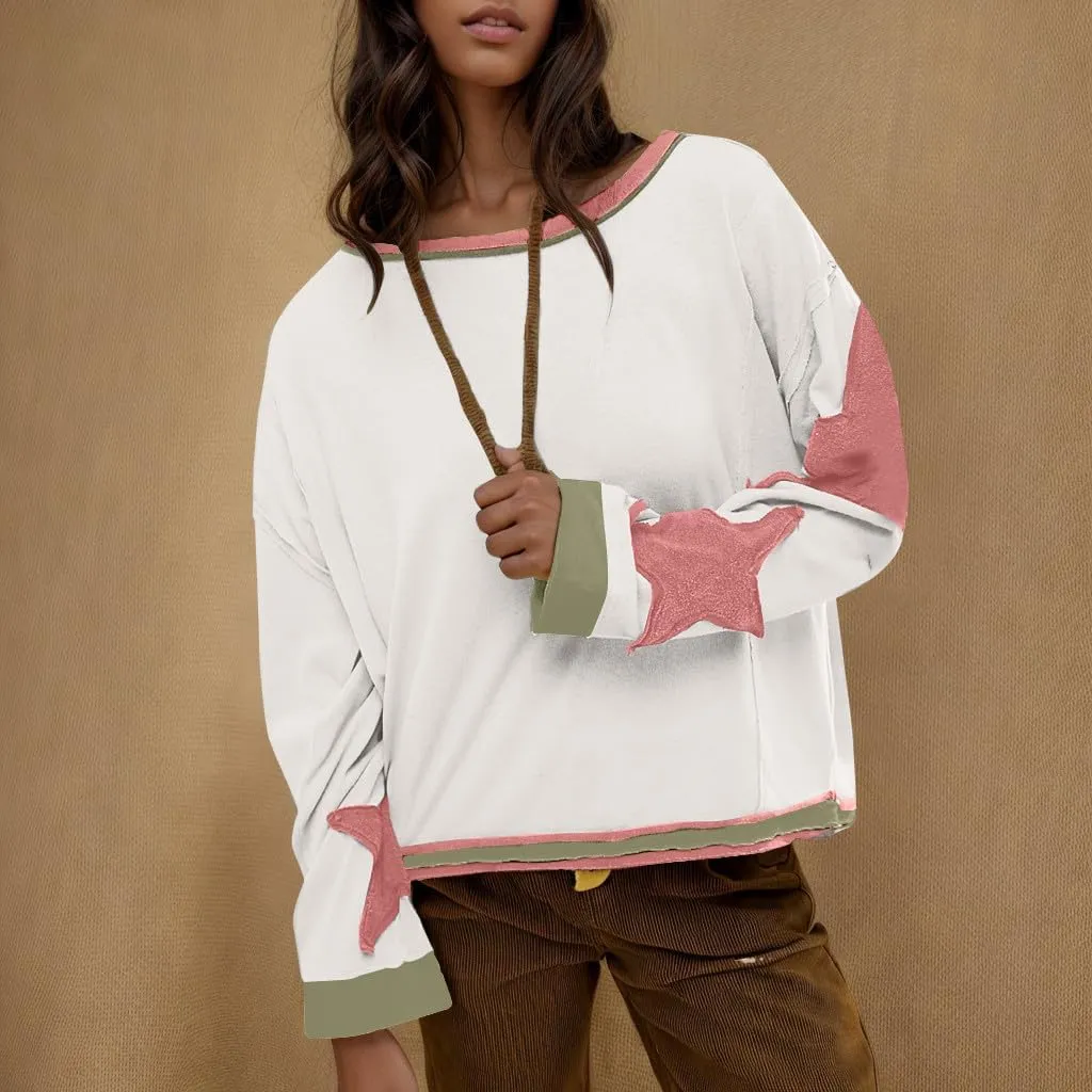 Oversized Star Graphic Sweatshirts for Women Crewneck Long Sleeve Casual Sweater Pullover Tops Drop Shoulder Shirt