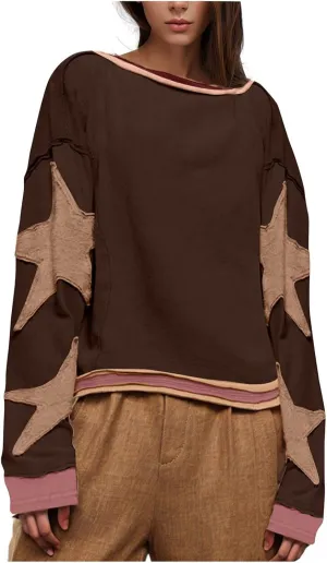 Oversized Star Graphic Sweatshirts for Women Crewneck Long Sleeve Casual Sweater Pullover Tops Drop Shoulder Shirt