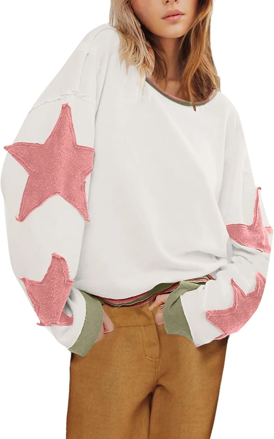 Oversized Star Graphic Sweatshirts for Women Crewneck Long Sleeve Casual Sweater Pullover Tops Drop Shoulder Shirt