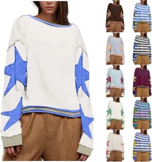 Oversized Star Graphic Sweatshirts for Women Crewneck Long Sleeve Casual Sweater Pullover Tops Drop Shoulder Shirt