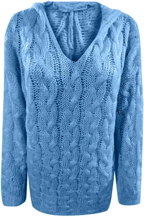 Oversized Sweater for Women, Fashion Chunky Cable Knit Hooded Sweaters Casual V Neck Hoodies Long Sleeve Pullover Tops