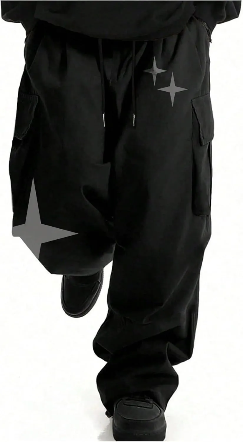 OYOANGLE Men's Baggy Cargo Pants Star Print Drawstring Waist Y2K Straight Leg Trousers Streetwear