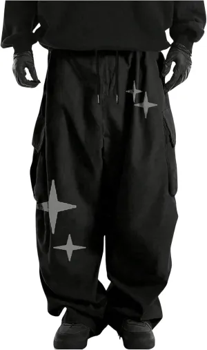 OYOANGLE Men's Baggy Cargo Pants Star Print Drawstring Waist Y2K Straight Leg Trousers Streetwear