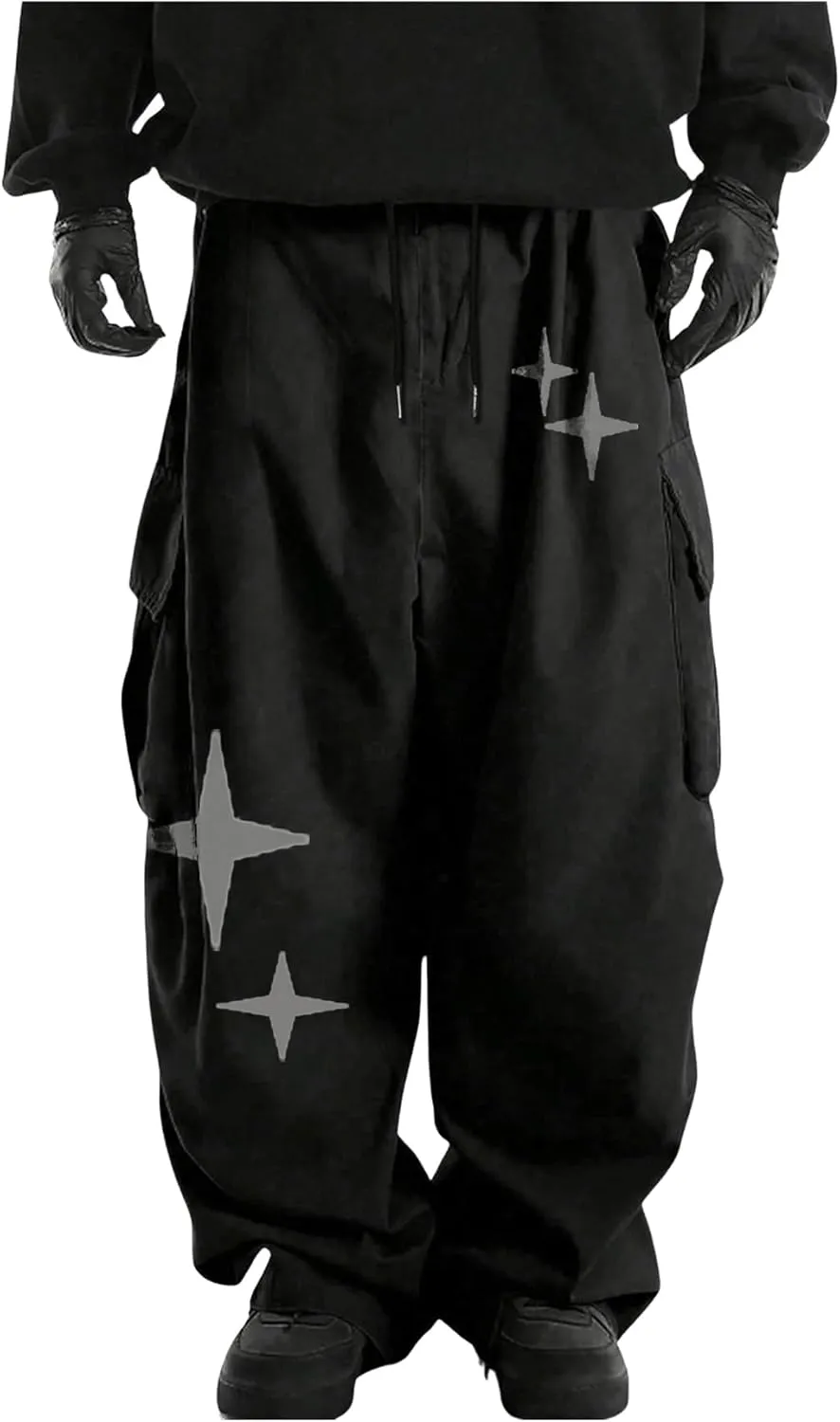 OYOANGLE Men's Baggy Cargo Pants Star Print Drawstring Waist Y2K Straight Leg Trousers Streetwear