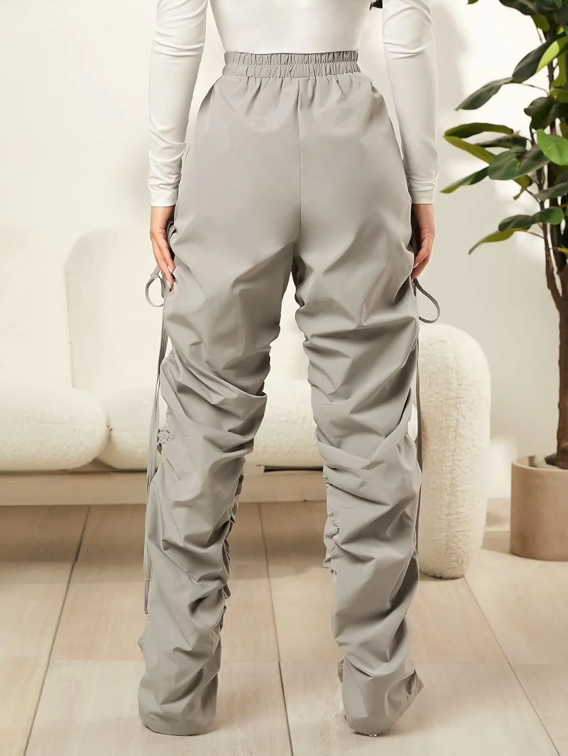 OYOANGLE Women's Drawstring Ruched Elastic High Waist Straight Leg Pants Trousers