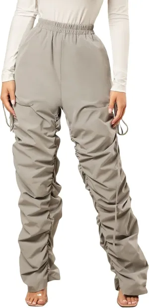 OYOANGLE Women's Drawstring Ruched Elastic High Waist Straight Leg Pants Trousers