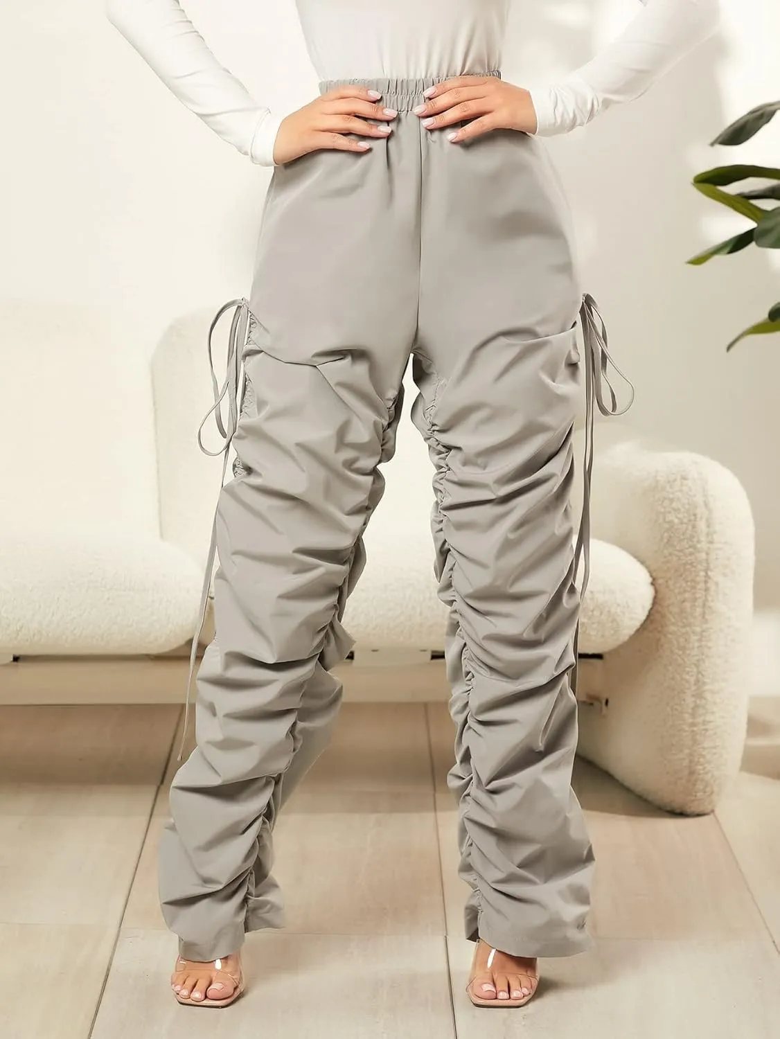 OYOANGLE Women's Drawstring Ruched Elastic High Waist Straight Leg Pants Trousers