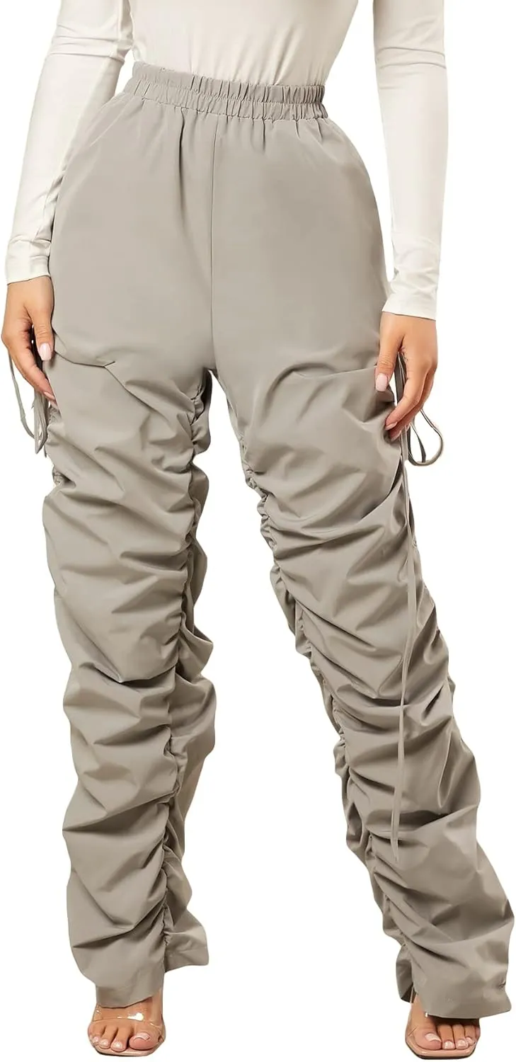 OYOANGLE Women's Drawstring Ruched Elastic High Waist Straight Leg Pants Trousers