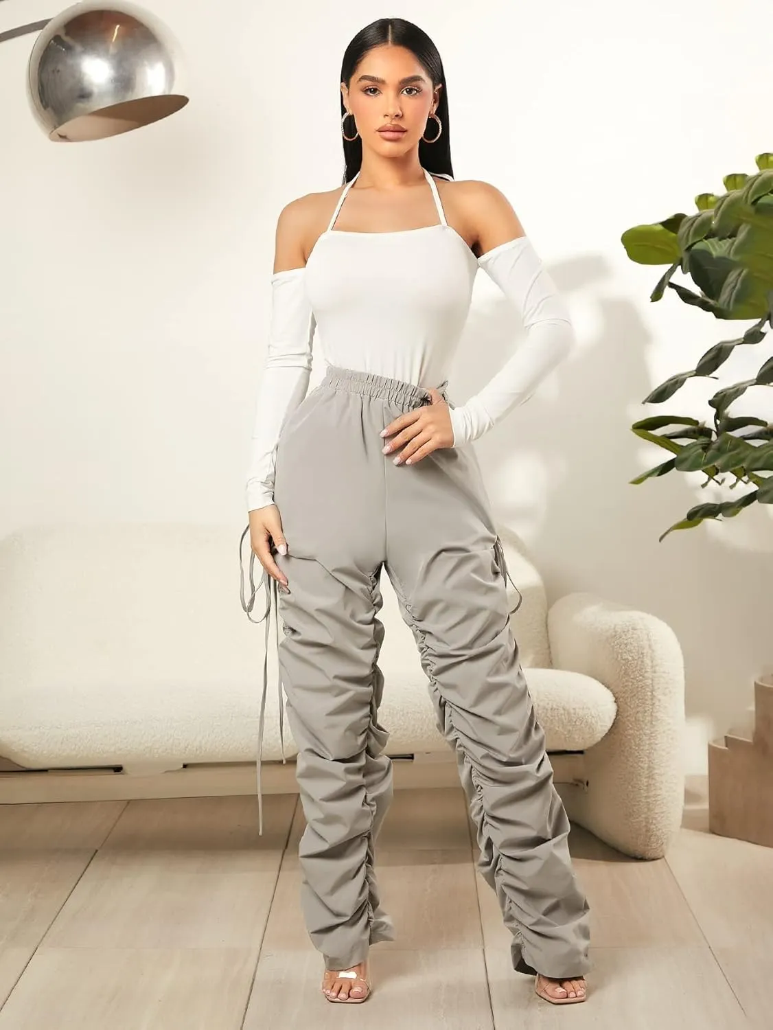 OYOANGLE Women's Drawstring Ruched Elastic High Waist Straight Leg Pants Trousers
