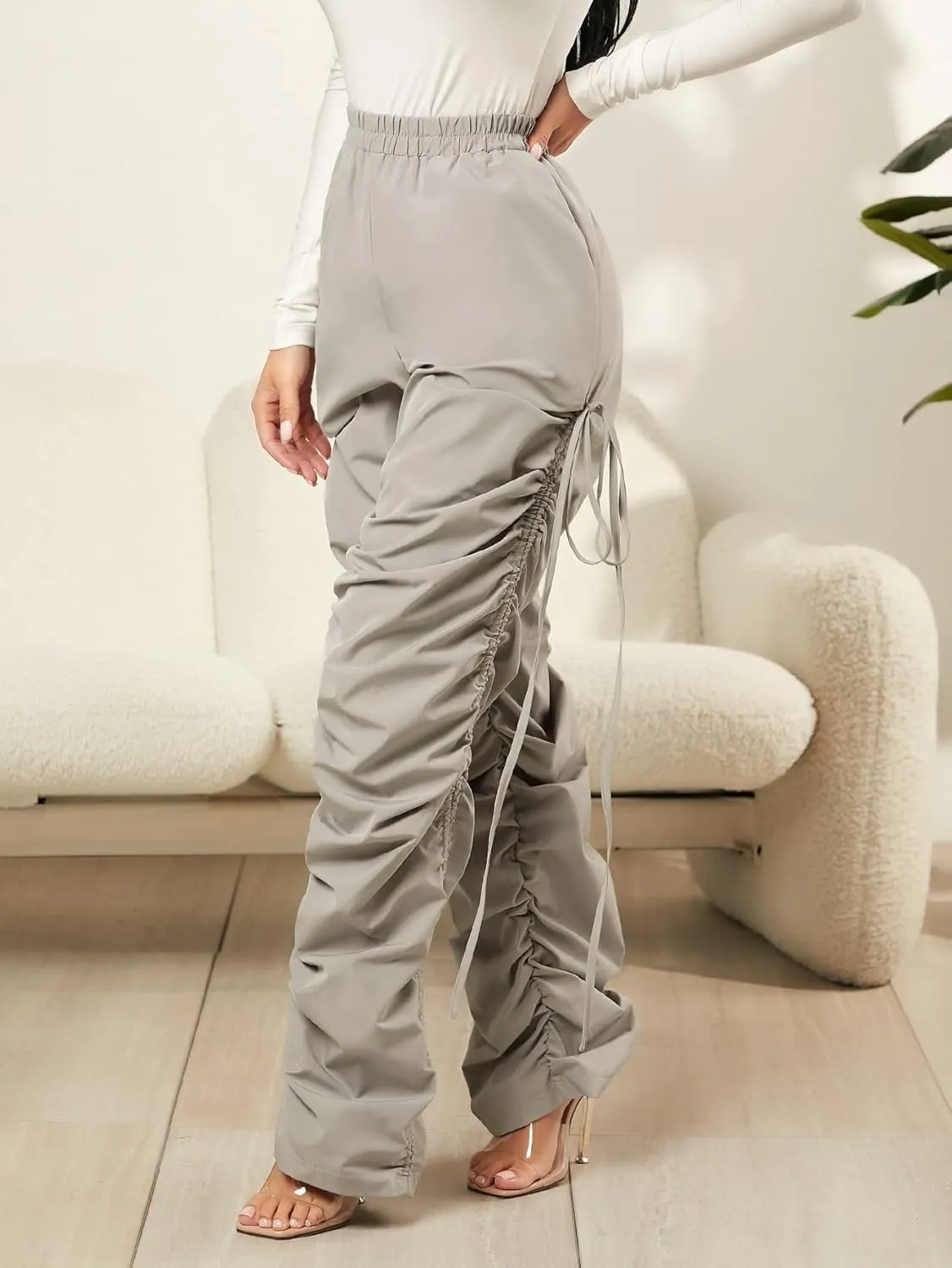 OYOANGLE Women's Drawstring Ruched Elastic High Waist Straight Leg Pants Trousers