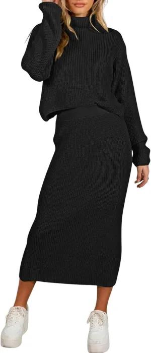Pink Queen Women's Fall 2 Piece Sweater Set Rib Knit Long Sleeve Cross Criss Top Maxi Bodycon Skirt Casual Outfits