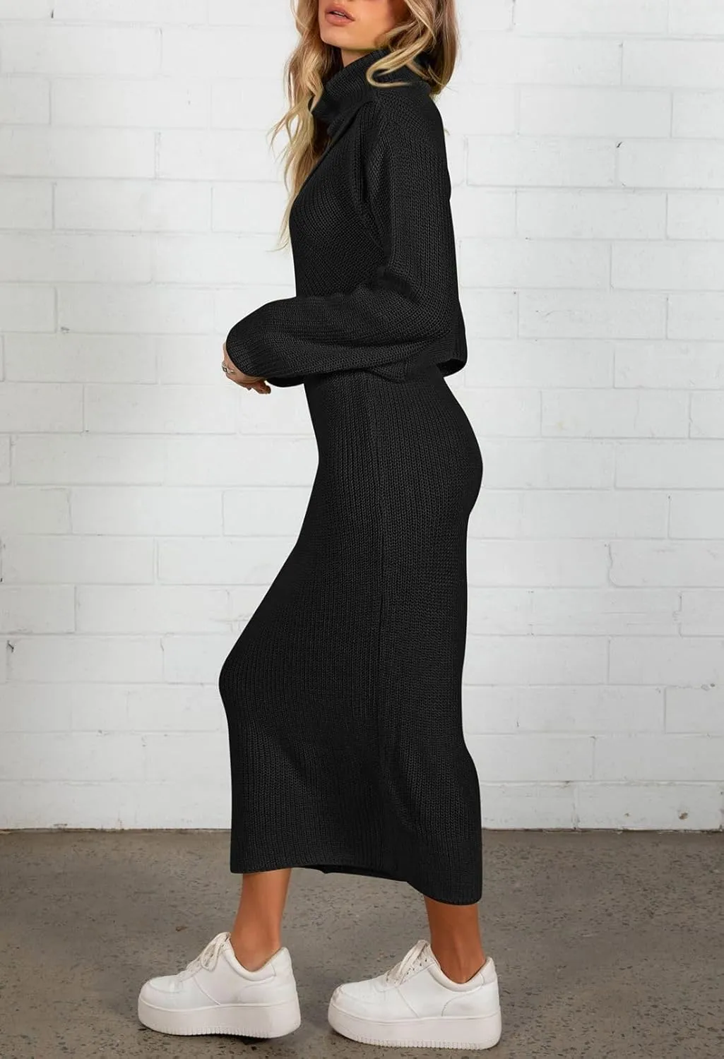 Pink Queen Women's Fall 2 Piece Sweater Set Rib Knit Long Sleeve Cross Criss Top Maxi Bodycon Skirt Casual Outfits