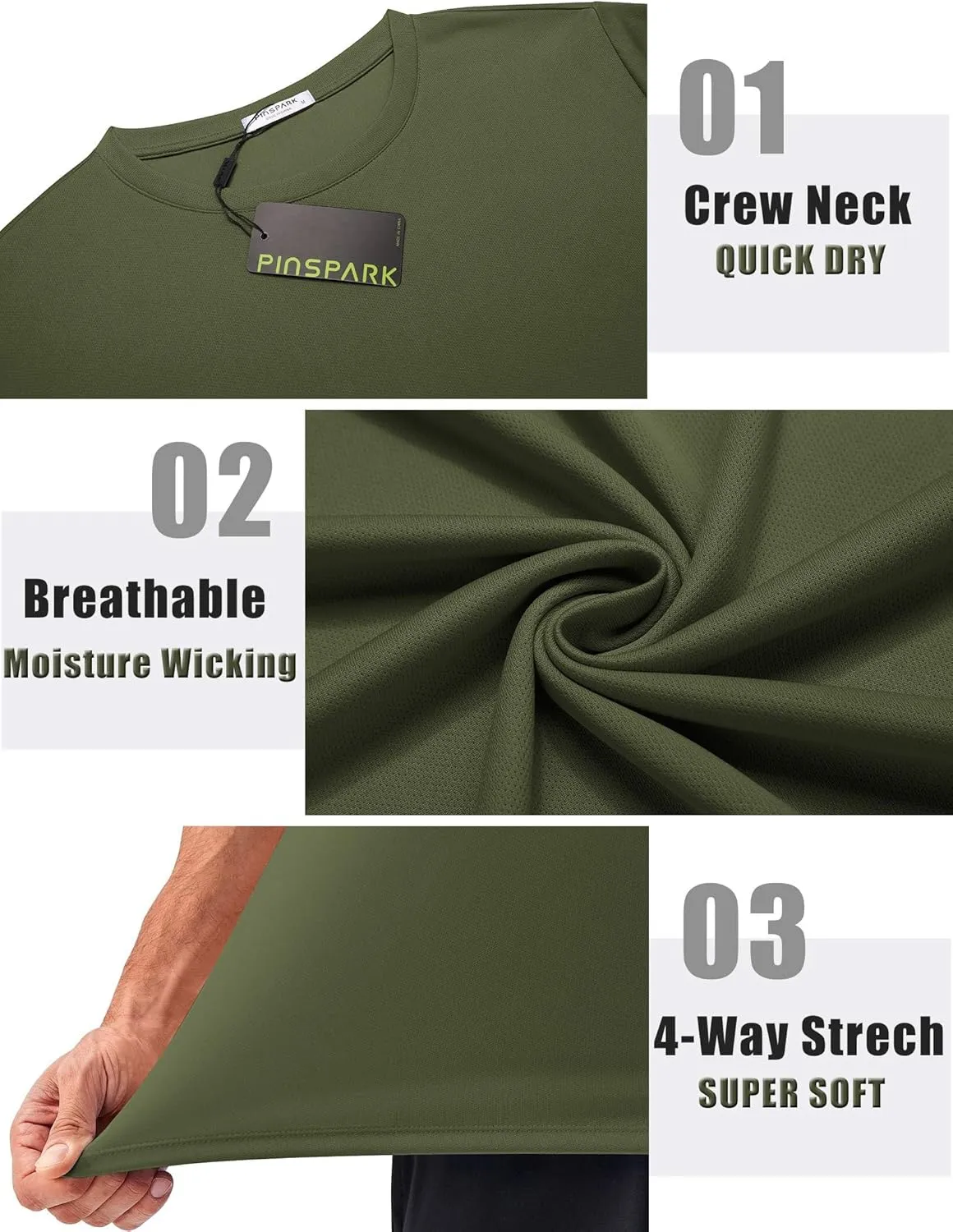 PINSPARK Men's 3 Pack Workout Shirts Quick Dry Moisture Wicking Crewneck Tee Shirt Mesh Athletic T-Shirts