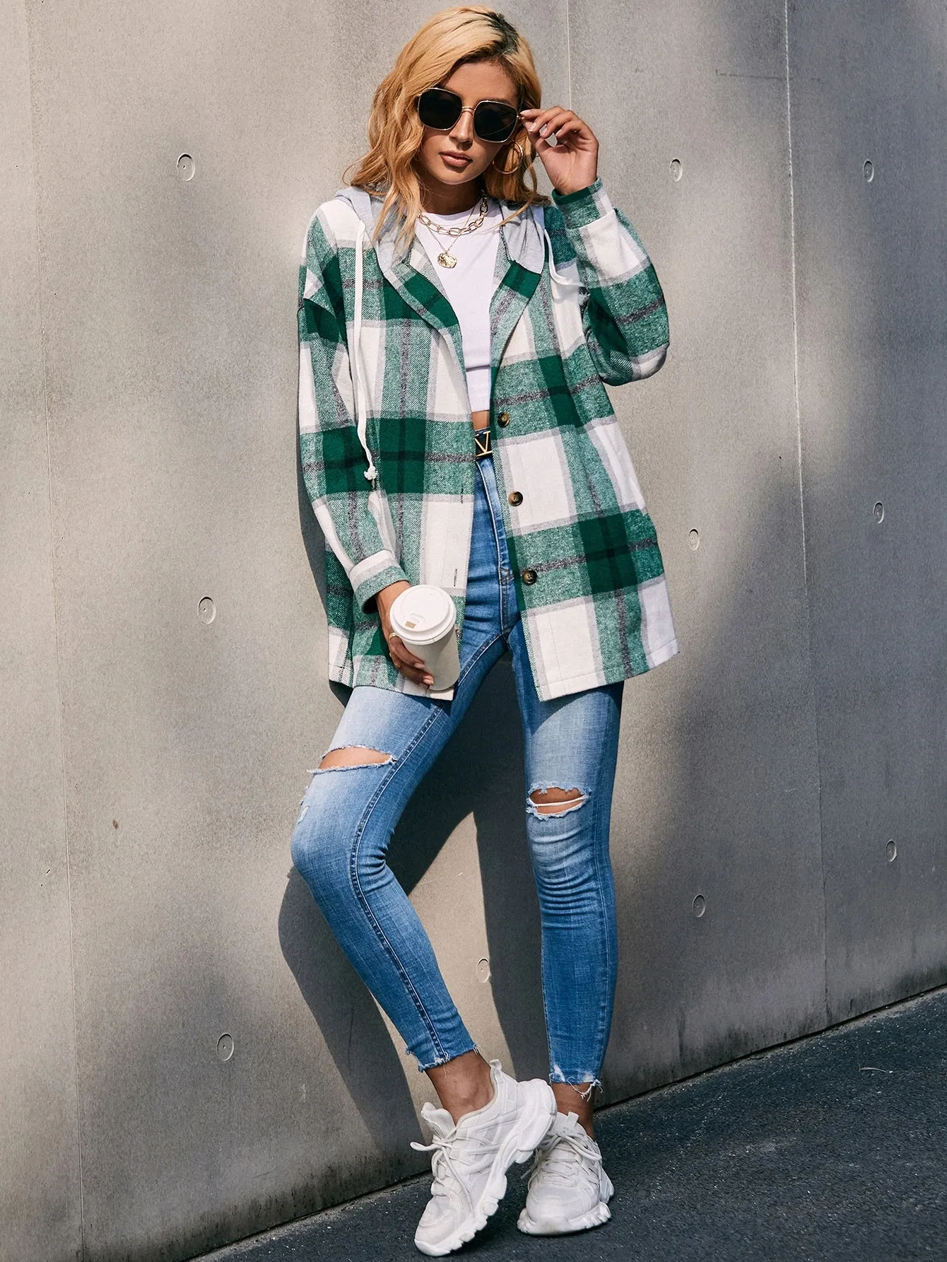 Plaid Drawstring Long Sleeve Hooded Short Women Overcoat