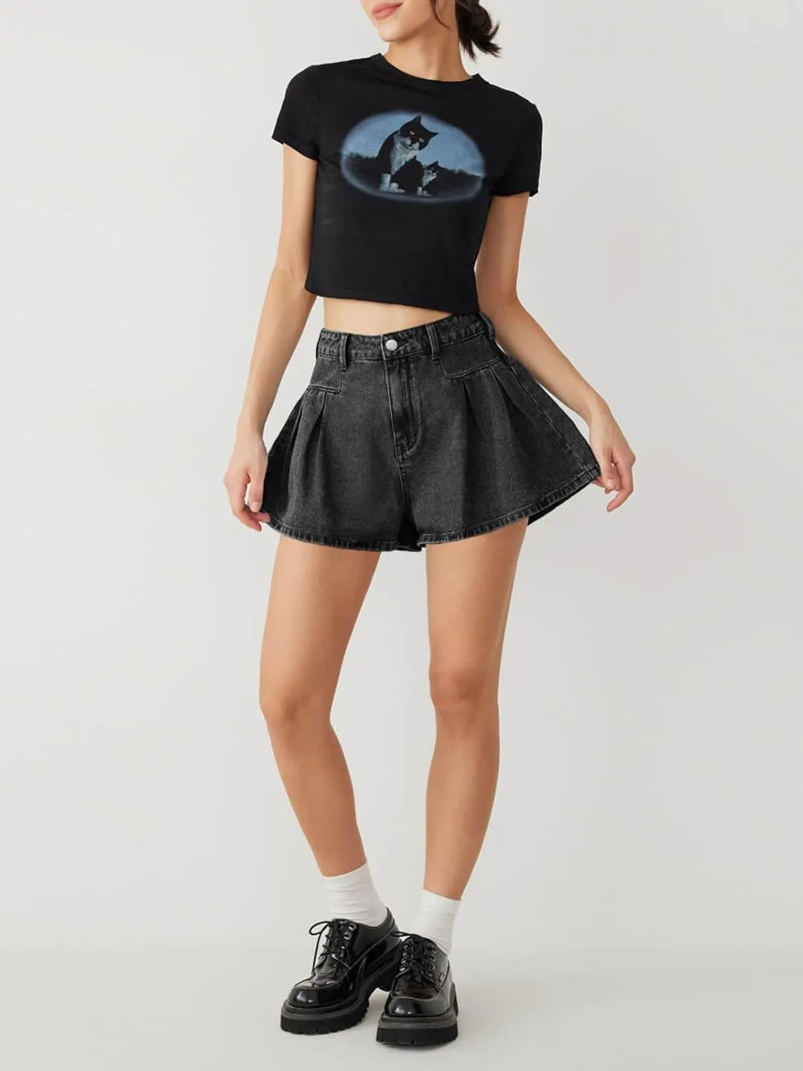 PLNOTME Womens Flare Flowy Jean Shorts High Waisted Wide Leg Ruffle Summer Denim Skort