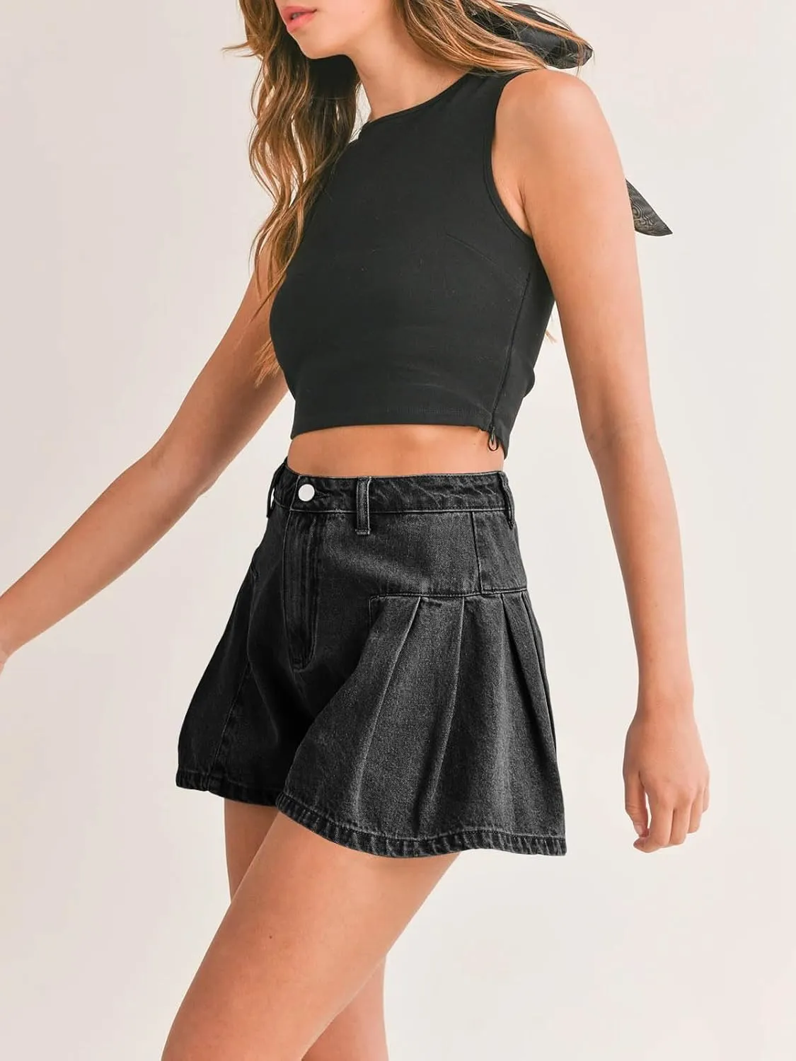 PLNOTME Womens Flare Flowy Jean Shorts High Waisted Wide Leg Ruffle Summer Denim Skort