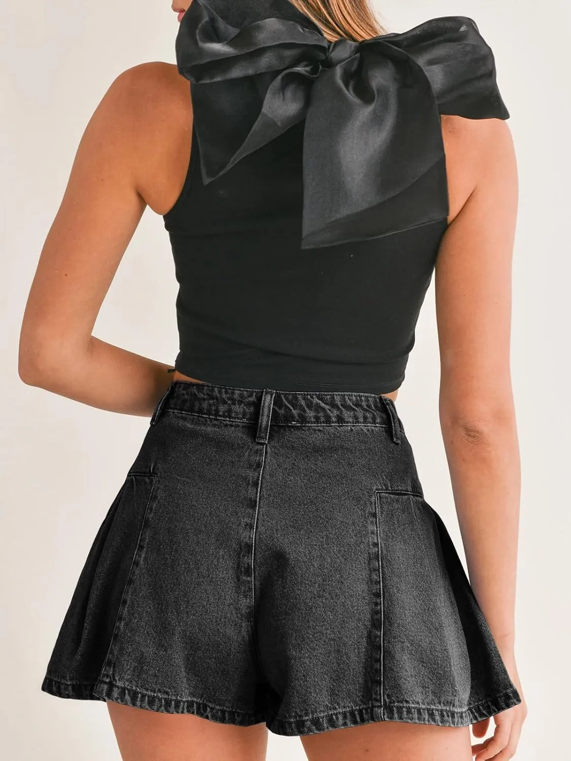 PLNOTME Womens Flare Flowy Jean Shorts High Waisted Wide Leg Ruffle Summer Denim Skort