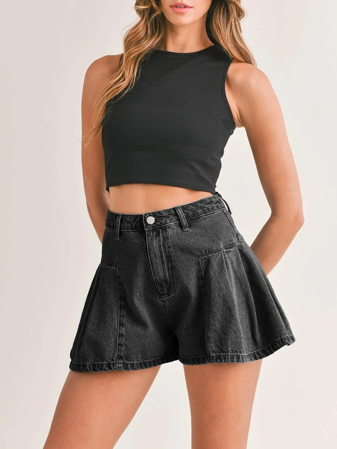 PLNOTME Womens Flare Flowy Jean Shorts High Waisted Wide Leg Ruffle Summer Denim Skort