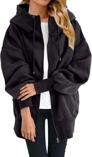 Plus Size Zip Up Hoodie Sweatshirts for Women Fall Trendy Athletic Jacket with Pocket Comfy Loose Solid Color Y2K Top