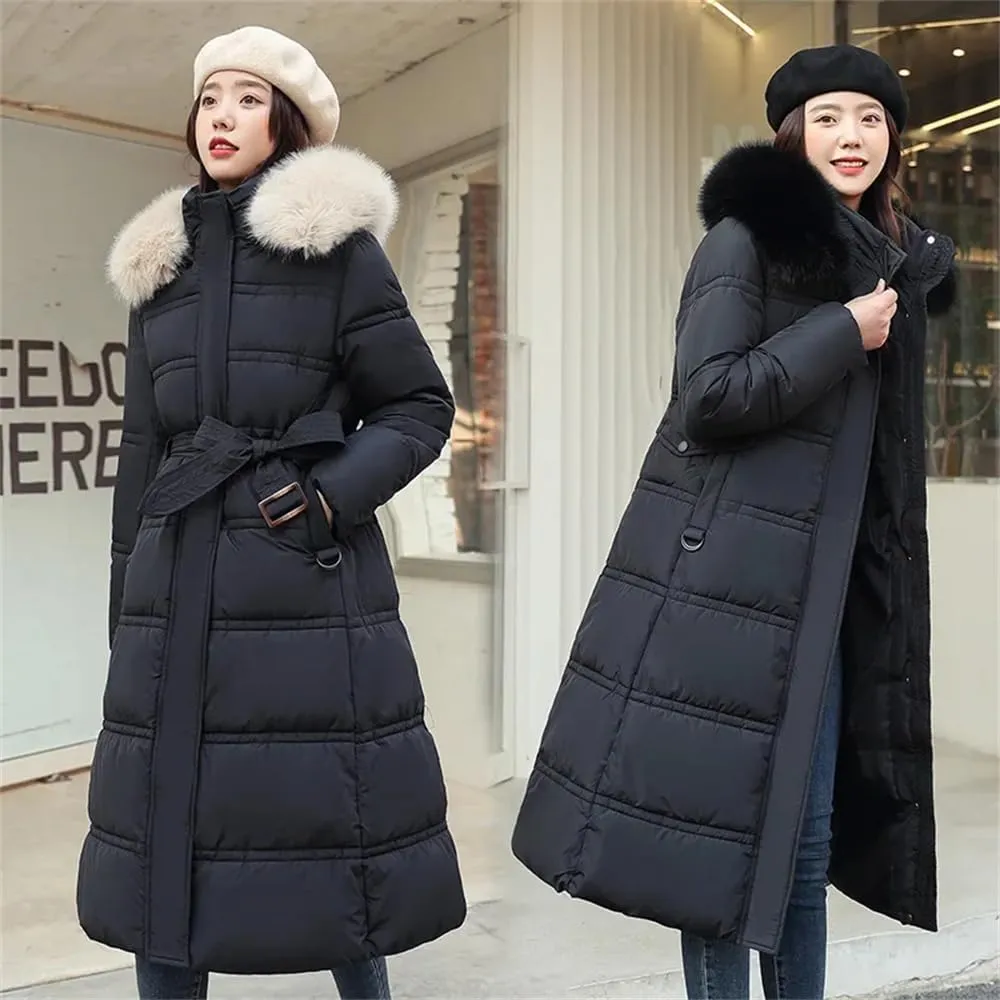 Pulcykp Women Winter Thickened Down Cotton-Padded Jacket Long Over-The-Knee Hooded Wool Collar Belt Coat