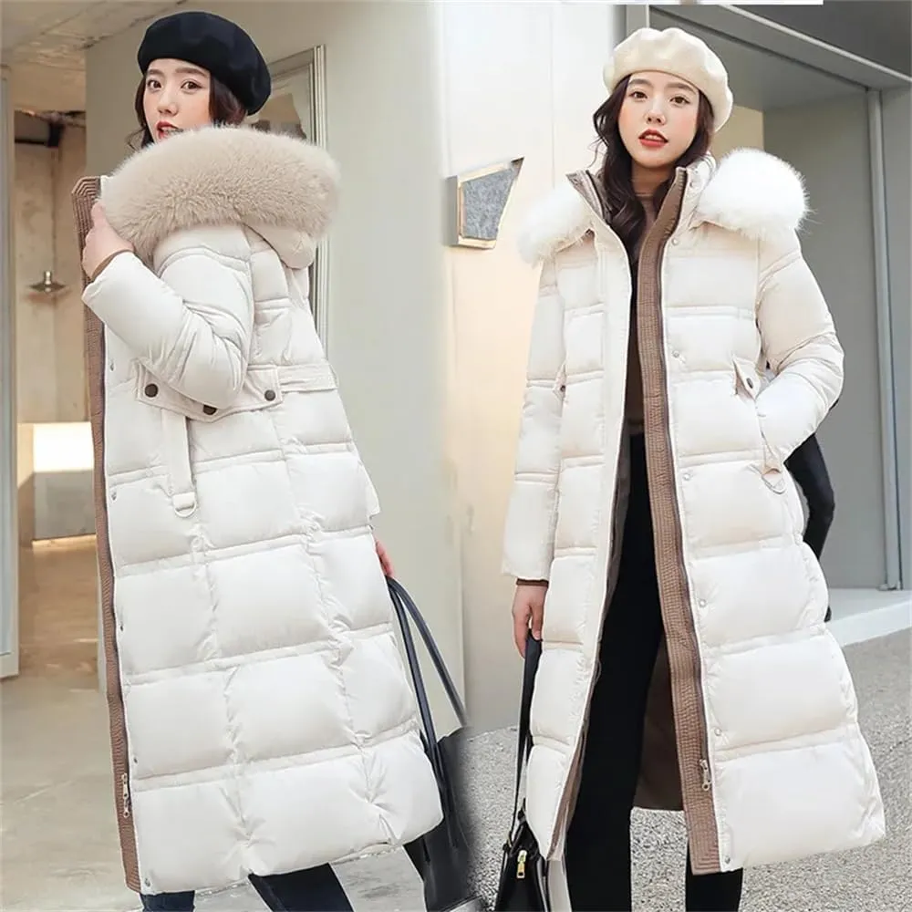 Pulcykp Women Winter Thickened Down Cotton-Padded Jacket Long Over-The-Knee Hooded Wool Collar Belt Coat