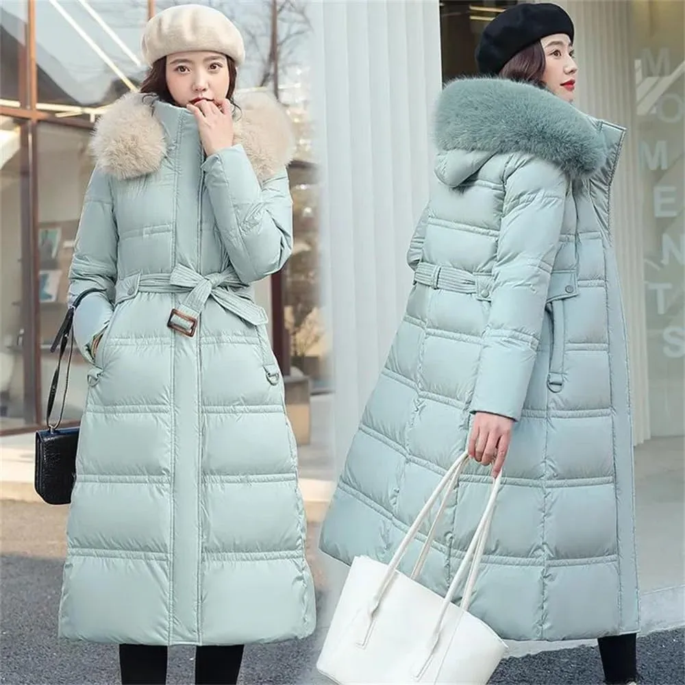 Pulcykp Women Winter Thickened Down Cotton-Padded Jacket Long Over-The-Knee Hooded Wool Collar Belt Coat