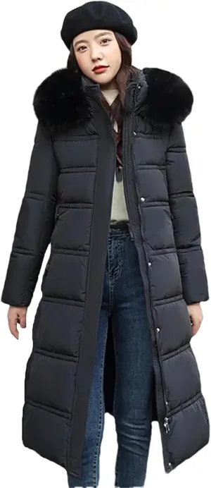 Pulcykp Women Winter Thickened Down Cotton-Padded Jacket Long Over-The-Knee Hooded Wool Collar Belt Coat