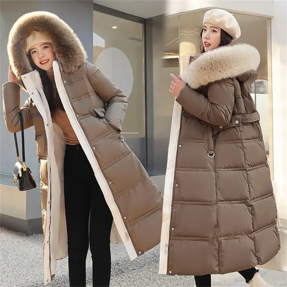 Pulcykp Women Winter Thickened Down Cotton-Padded Jacket Long Over-The-Knee Hooded Wool Collar Belt Coat