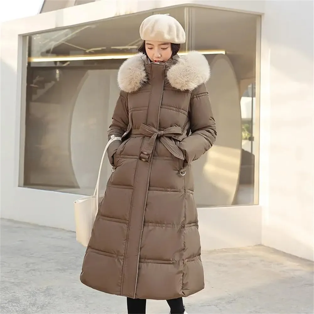 Pulcykp Women Winter Thickened Down Cotton-Padded Jacket Long Over-The-Knee Hooded Wool Collar Belt Coat
