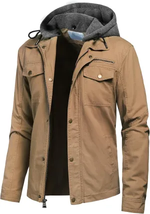 Pursky Men's Canvas Cotton Military Casual Field Jacket Outerwear With Removable Hood
