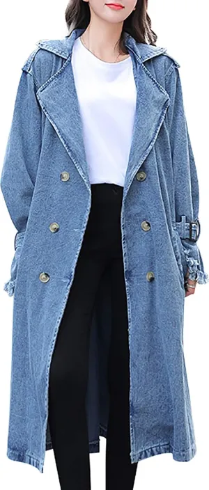 QZUnique Women Long Denim Jacket With Belt Jean Long Sleeve Trench Coat Button Down Casual Oversized Spring Tunic Outerwear