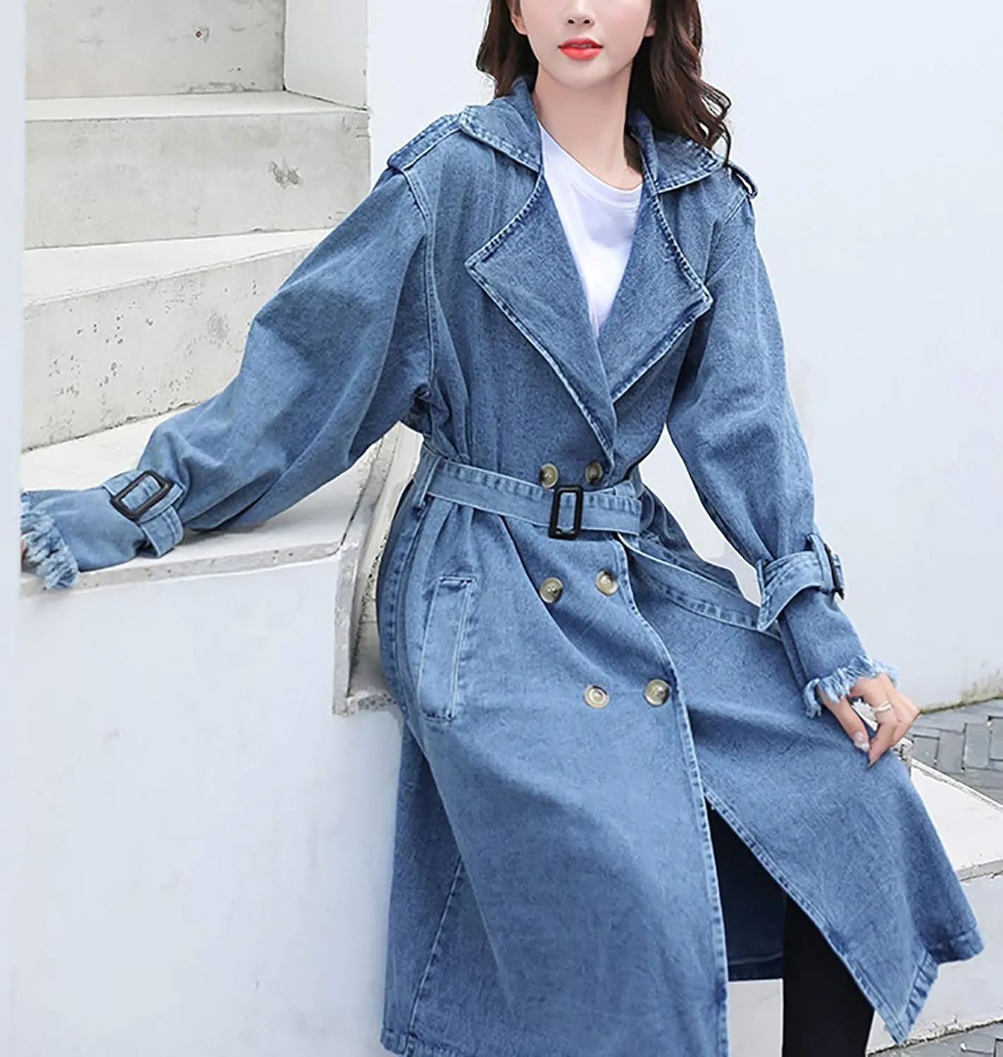 QZUnique Women Long Denim Jacket With Belt Jean Long Sleeve Trench Coat Button Down Casual Oversized Spring Tunic Outerwear