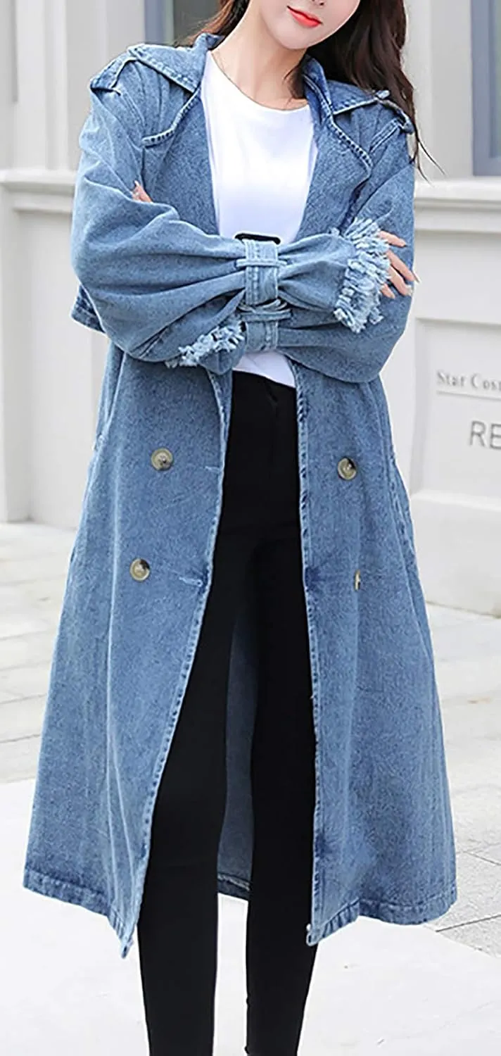 QZUnique Women Long Denim Jacket With Belt Jean Long Sleeve Trench Coat Button Down Casual Oversized Spring Tunic Outerwear