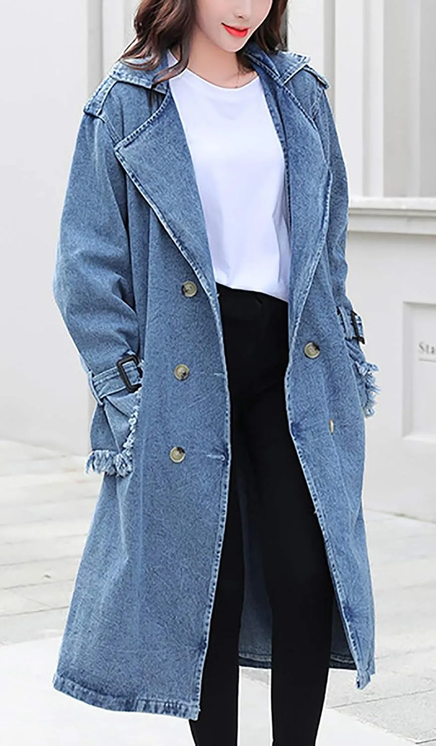 QZUnique Women Long Denim Jacket With Belt Jean Long Sleeve Trench Coat Button Down Casual Oversized Spring Tunic Outerwear