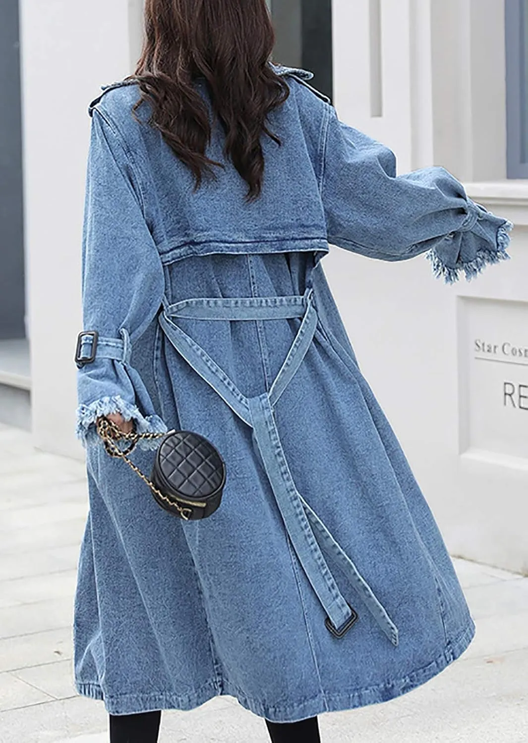 QZUnique Women Long Denim Jacket With Belt Jean Long Sleeve Trench Coat Button Down Casual Oversized Spring Tunic Outerwear