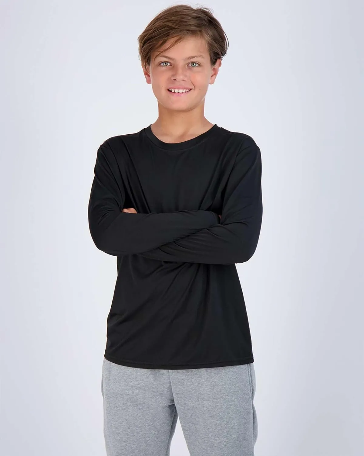 Real Essentials 4 Pack: Boys Youth Dry-Fit Moisture Wicking Active Athletic Performance Long-Sleeve T-Shirt