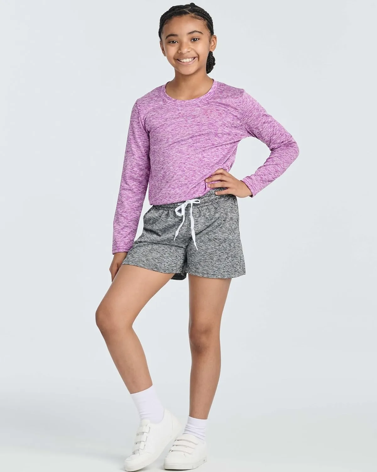 Real Essentials 4 Pack: Girls Dry-Fit Long Sleeve Active Crew Neck T-Shirt - Super Soft Tee
