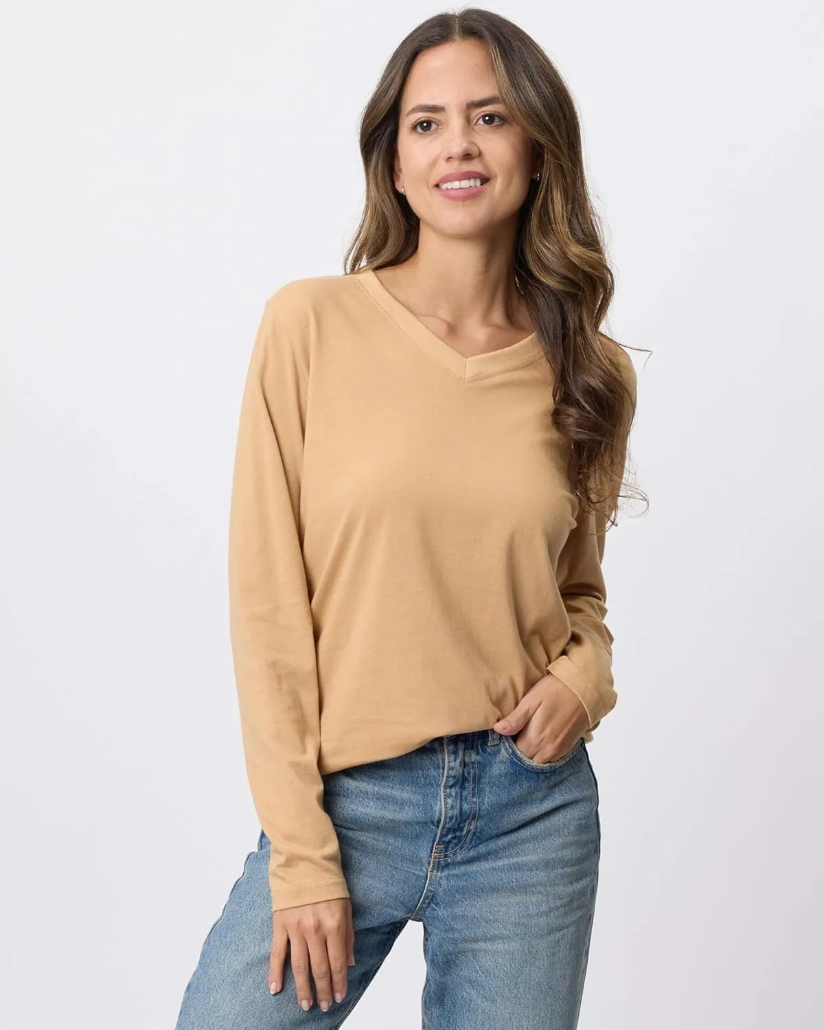 Real Essentials 4 Pack: Women's V-Neck Cotton Long-Sleeve T-Shirt (Available in Plus Size)