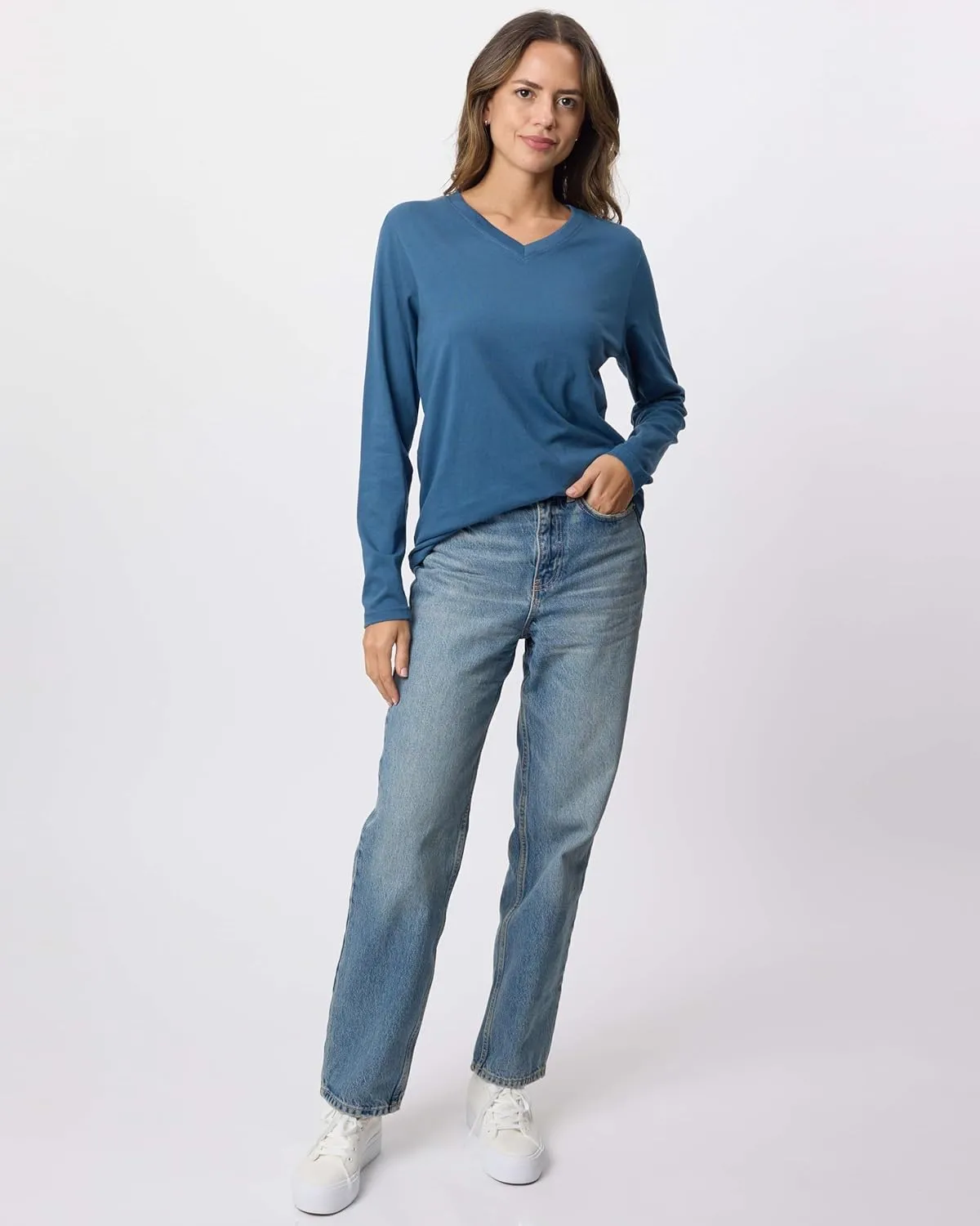 Real Essentials 4 Pack: Women's V-Neck Cotton Long-Sleeve T-Shirt (Available in Plus Size)