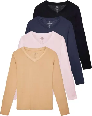 Real Essentials 4 Pack: Women's V-Neck Cotton Long-Sleeve T-Shirt (Available in Plus Size)