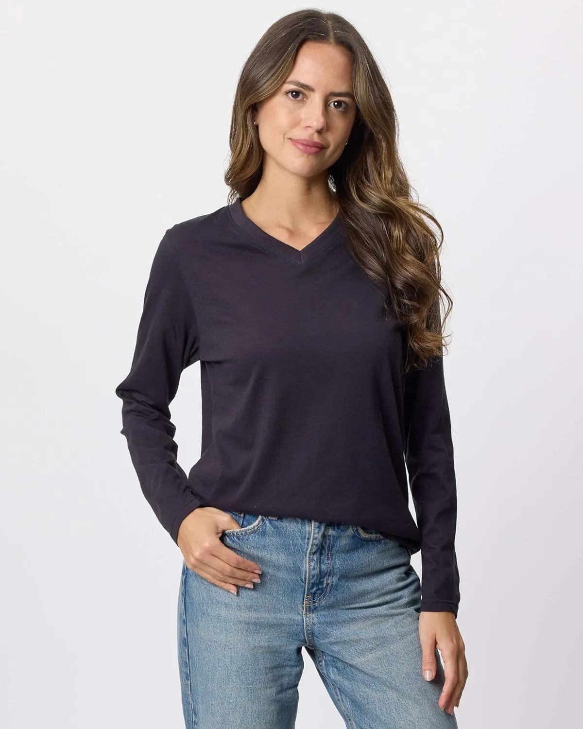 Real Essentials 4 Pack: Women's V-Neck Cotton Long-Sleeve T-Shirt (Available in Plus Size)