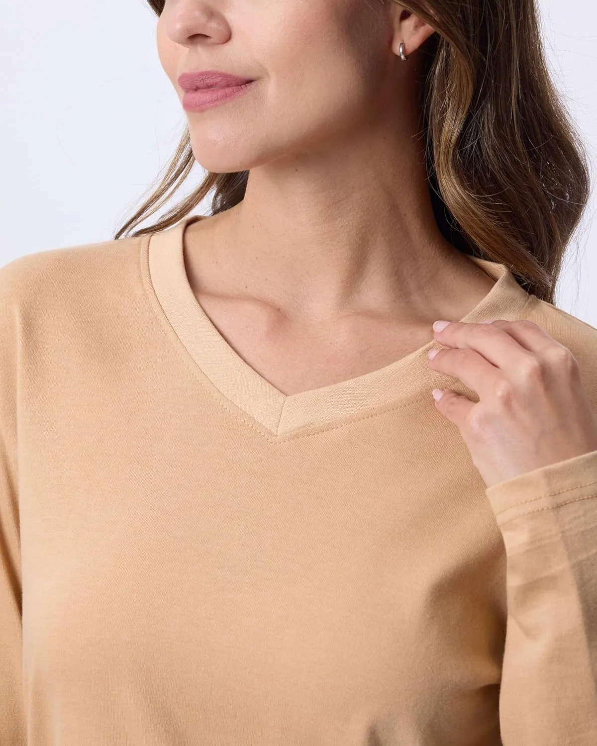 Real Essentials 4 Pack: Women's V-Neck Cotton Long-Sleeve T-Shirt (Available in Plus Size)