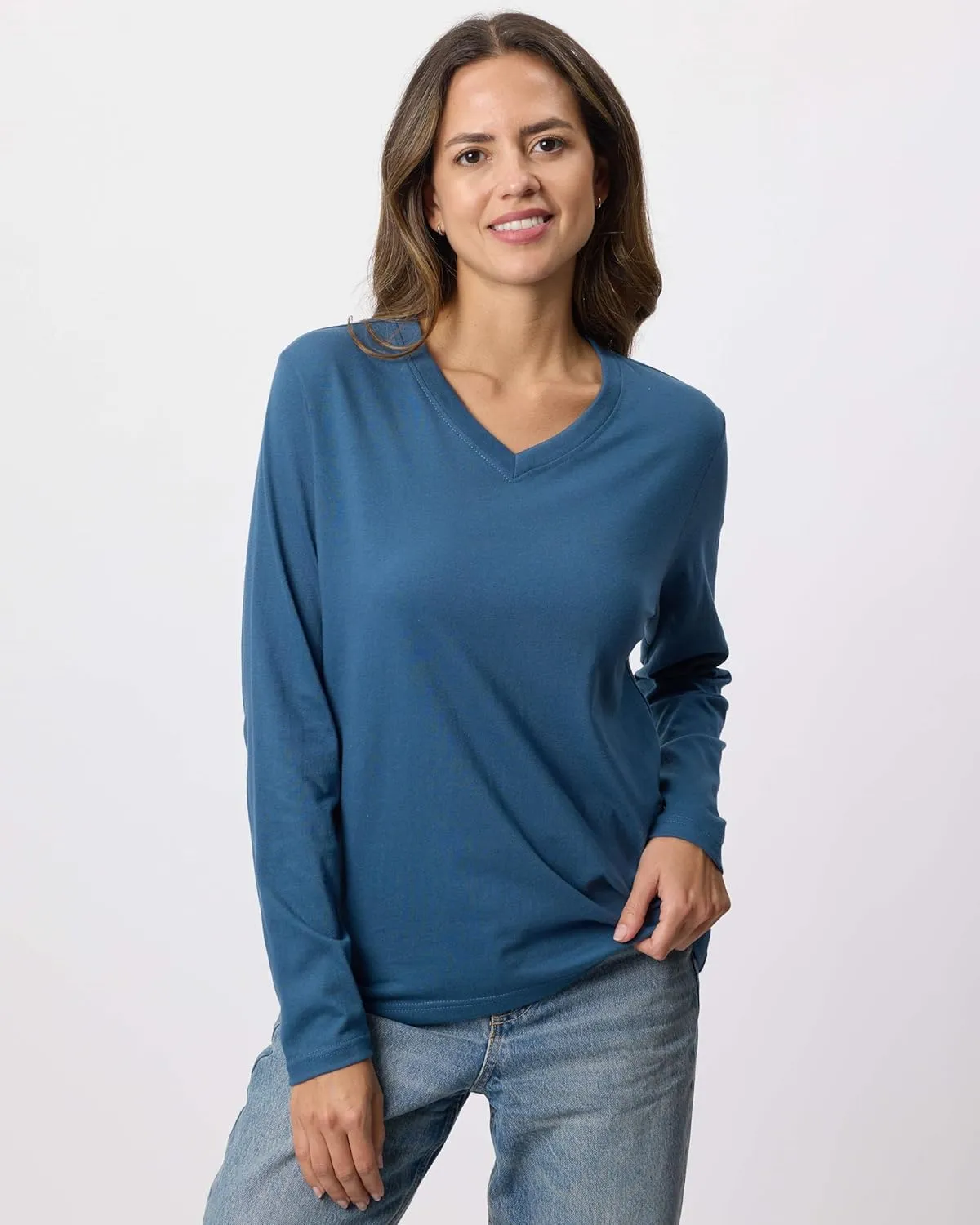 Real Essentials 4 Pack: Women's V-Neck Cotton Long-Sleeve T-Shirt (Available in Plus Size)