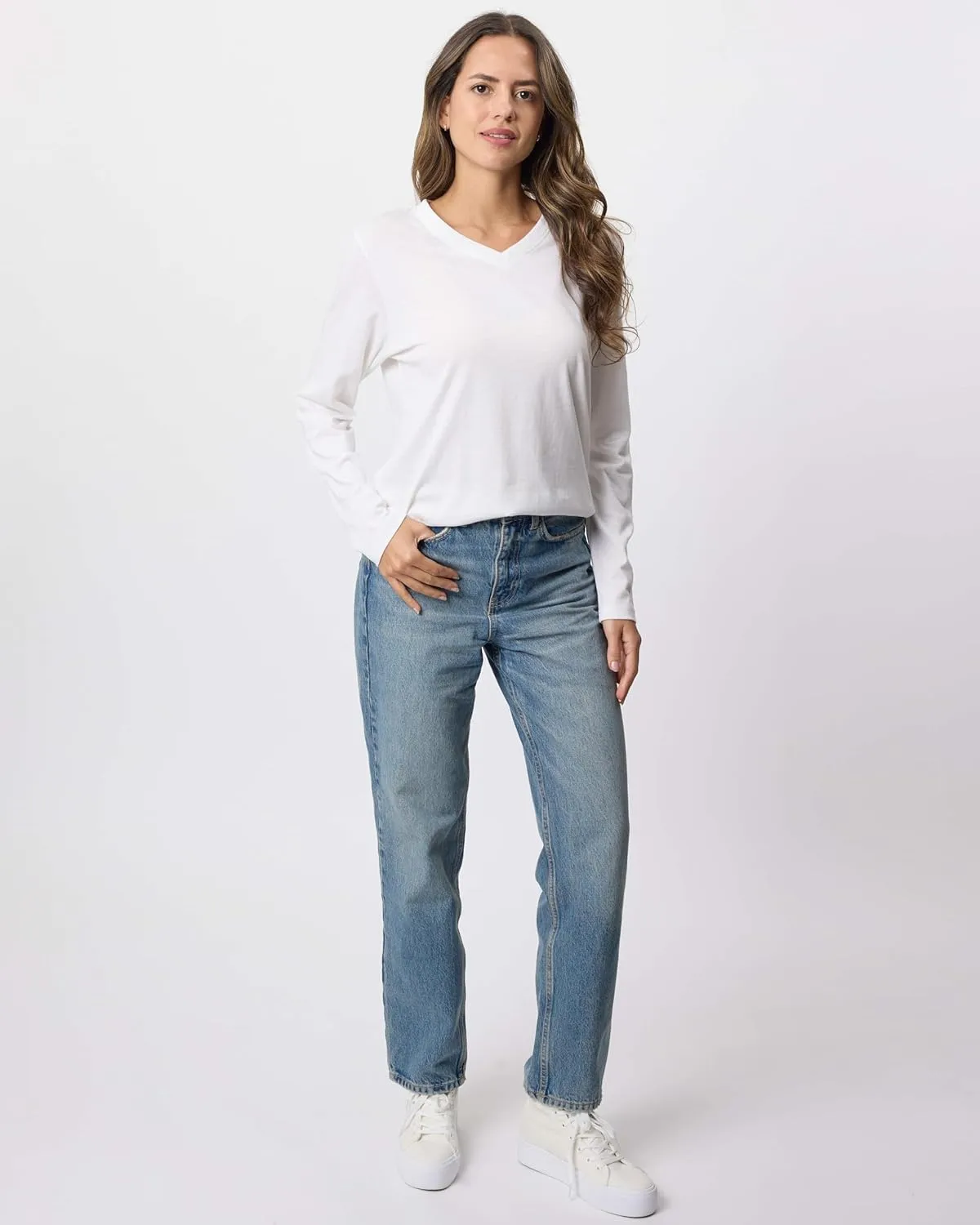 Real Essentials 4 Pack: Women's V-Neck Cotton Long-Sleeve T-Shirt (Available in Plus Size)